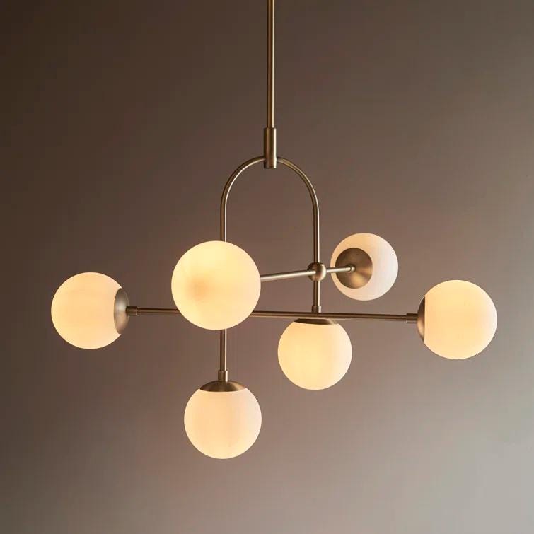 Elegant Arco Brass Globe Chandelier, Mid Century Modern Brass High Ceiling Light Fixture, Glass Globes Dreamy Bubble Chandelier 6 Lights