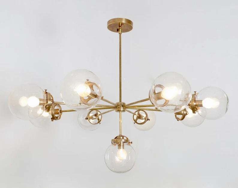 Gorgeous 9 Globe Mid Century Modern Chandelier, Handcrafted Lamp Ceiling Light, Brass Lights Glass Globe Design Pendant Light Fixture