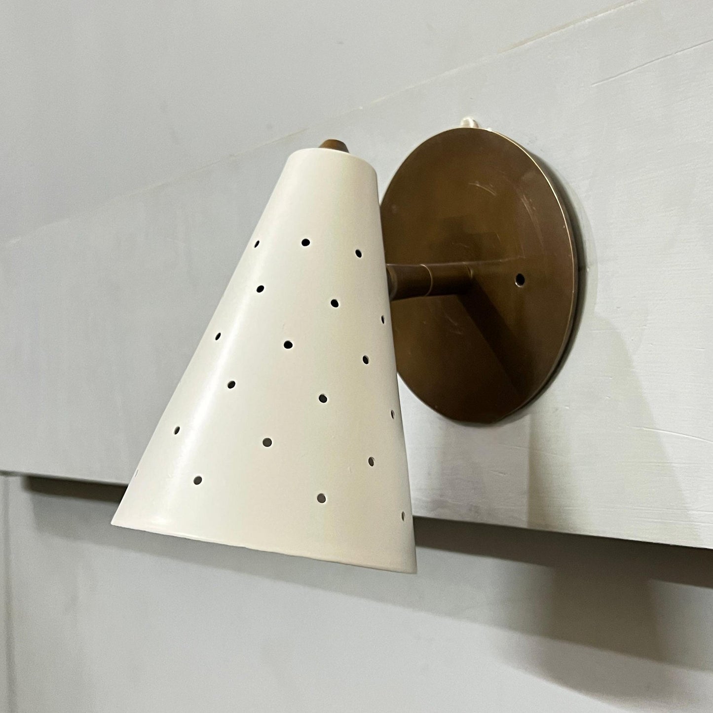 Perforated Conical Enamel Pivot Wall Sconce, Mid Century Modern Brass Single Light Wall Lamp, Handmade 1950s Style Adjustable Reading Lamp