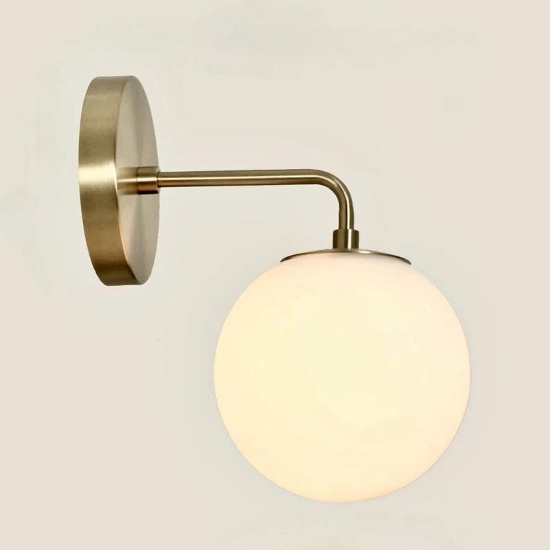 Elegant Modern Globe Brass Wall Sconce, Handcrafted Minimalist Style Brass Wall Light, Classic Designed Glass Globe Wall Lamp