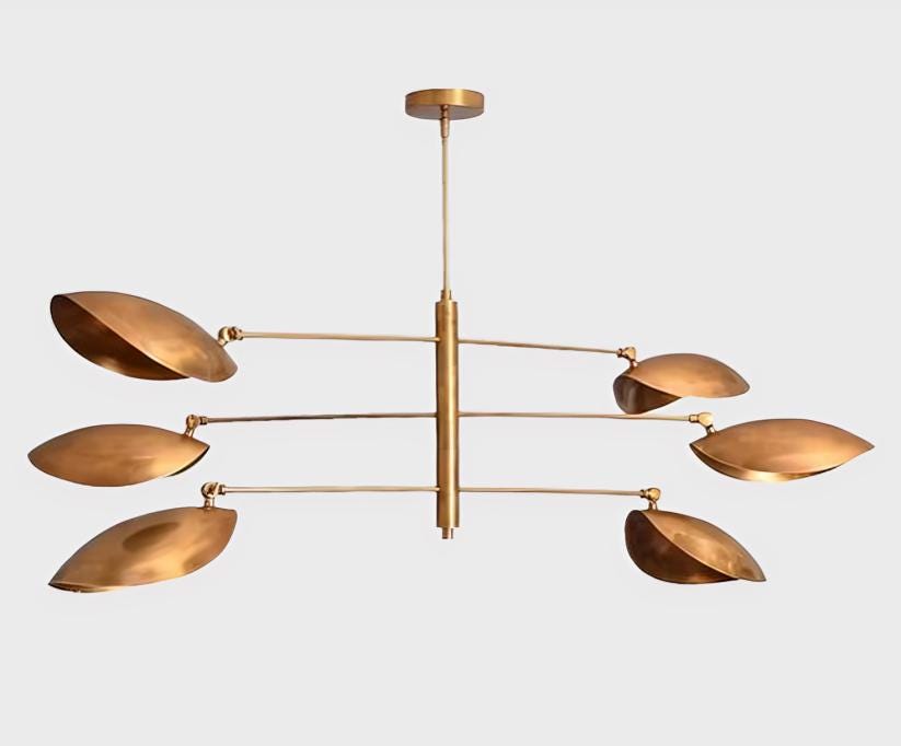 Mid Century Modern Curved Disk Chandelier, 6 Light Leaf Shade Sputnik Brass Chandelier, Handmade Italian Style Vintage Ceiling Light Fixture