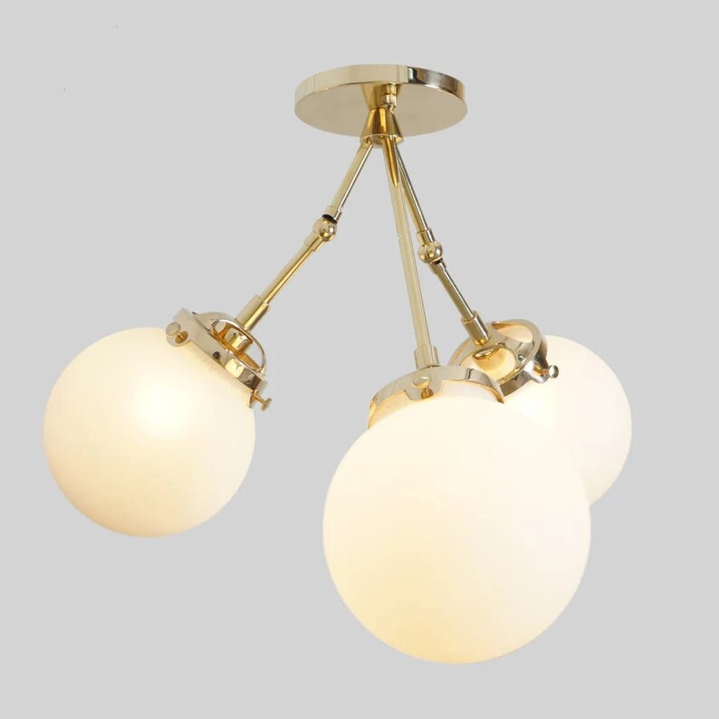Mid Century 3 Globe Light Brass Ceiling Flush Mount, Sputnik Chandelier, Pendant Light Fixture Handcrafted Chandelier