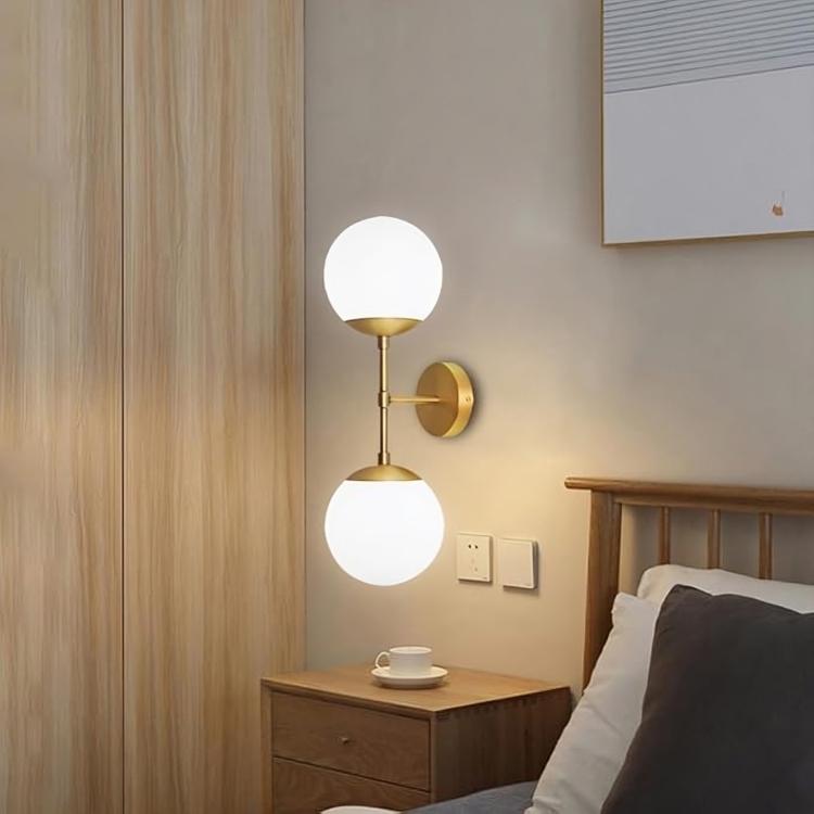 Mid Century Modern Double Globe Low Ceiling Lamp Light, Handcrafted Glass Globes Brass Wall Sconce Hallway Passage Entrance Bathroom Bedroom