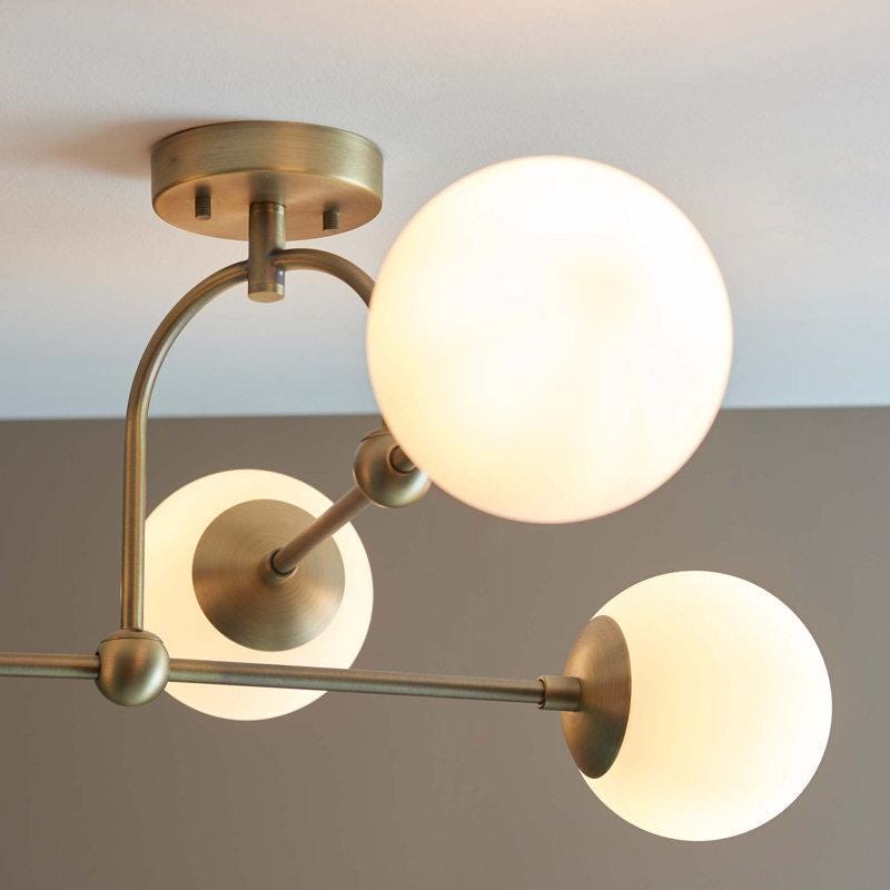 Semi-Flush Mount Arco Globe Chandelier, Mid Century Modern Low Ceiling Light Fixture, Glass Globes Dreamy Bubble Brass Chandelier 4 Lights