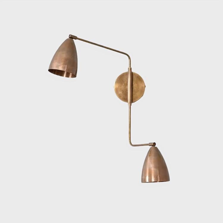 Dual Light Shades Bedside Wall Lamp, Twin Light Curved Arm Vintage Handcrafted Pendant Light Custom Brass Wall Sconce
