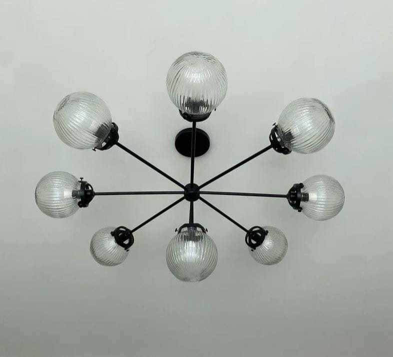 Mid Century Modern 9 Ribbed Glass Globe Chandelier, Handcrafted Lamp Ceiling Light, Brass Lights Glass Globe Design Pendant Light Fixture
