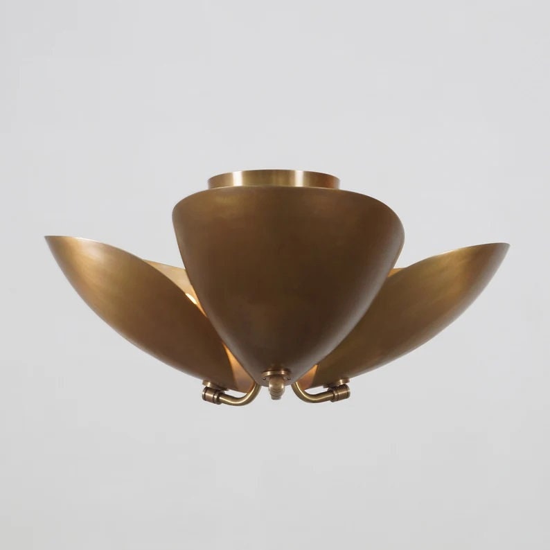 Beetle Disk Shade Ceiling Flush Mount Brass Pendant Light Fixture, Handcrafted Mid Century Modern Turtle Chandelier Three Lights