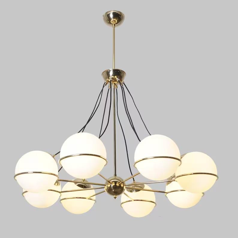 Sarfatti Style Sputnik Globe Chandelier, Mid Century Modern Italian Design 8 Globe Brass Chandelier, Handcrafted Bubble Glass Globe Lighting