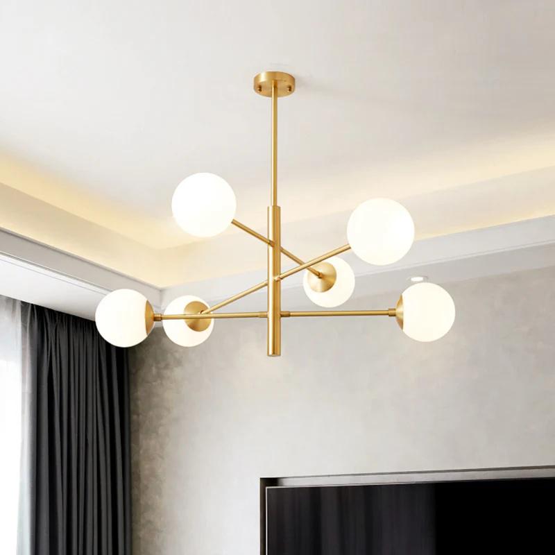 Minimalist Six Globe Ceiling Light Mid Century Modern Sputnik Brass Chandelier, Handcrafted Glass Globe Design Pendant Ceiling Light Fixture
