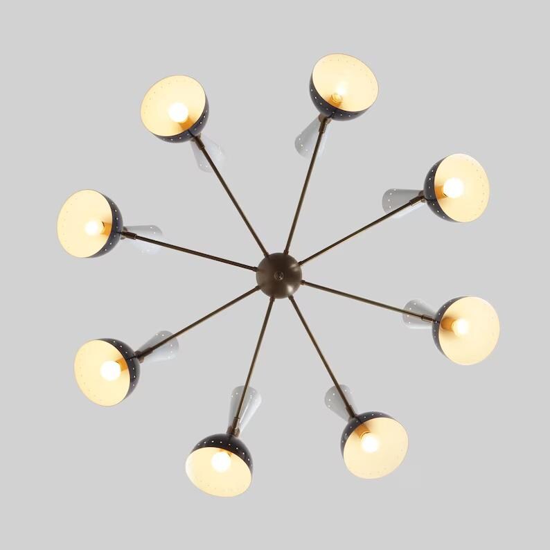 Stilnovo Style Double Shade 8 Arm 16 Light Mid Century Modern Sputnik Chandelier, Handcrafted Raw Brass Chandelier Ceiling Light Fixture