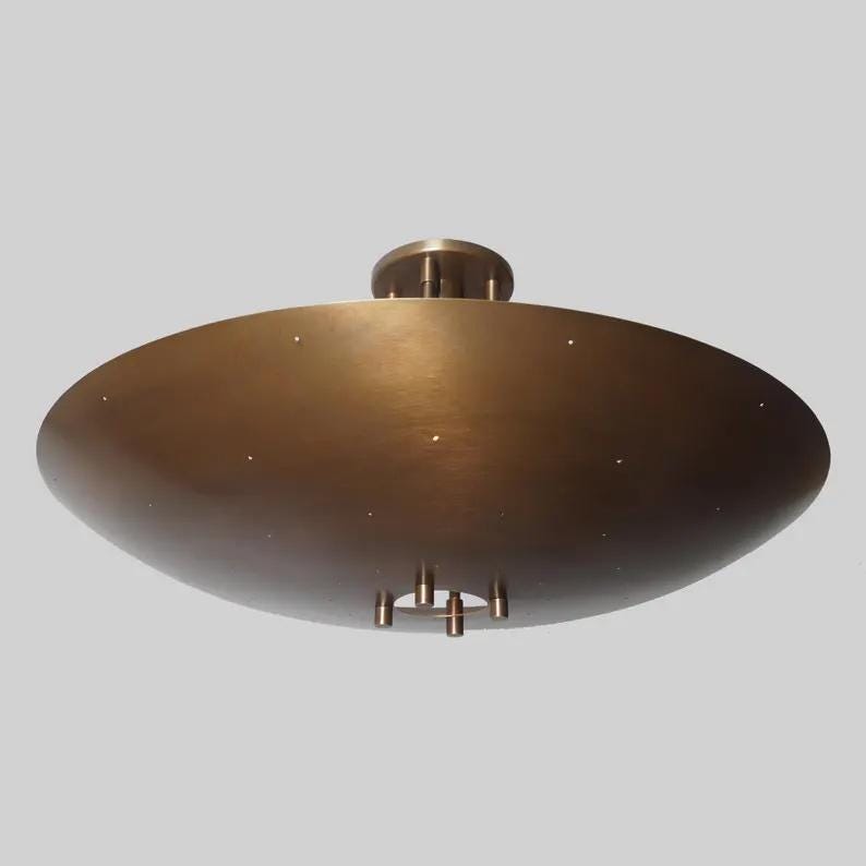 Rey Light Inspired Mid Century Modern Dome Shape Brass Chandelier, Single Light Ceiling Flush Mount Handcrafted Tynell Style Light Fixture
