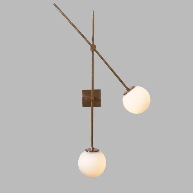 Two Glass Globe Swing Arm Articulating Bedside Wall Lamp, Handcrafted Pendant Light Brass Sputnik Wall Sconce