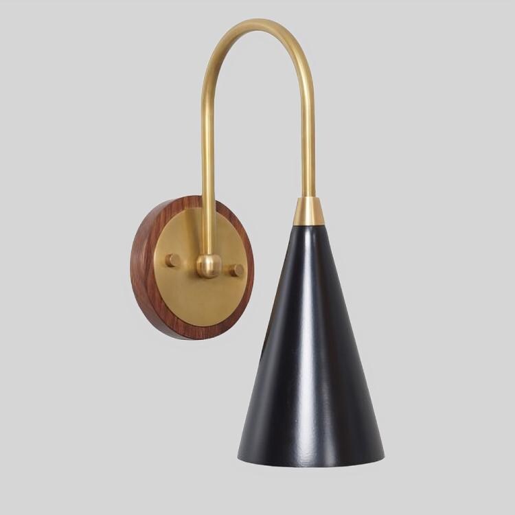 Salona Enamel Shade Brass Wall Lamp With Wood Canopy, Mid Century Modern Single Light Wall Sconce, Handmade Vintage European Inspired Light