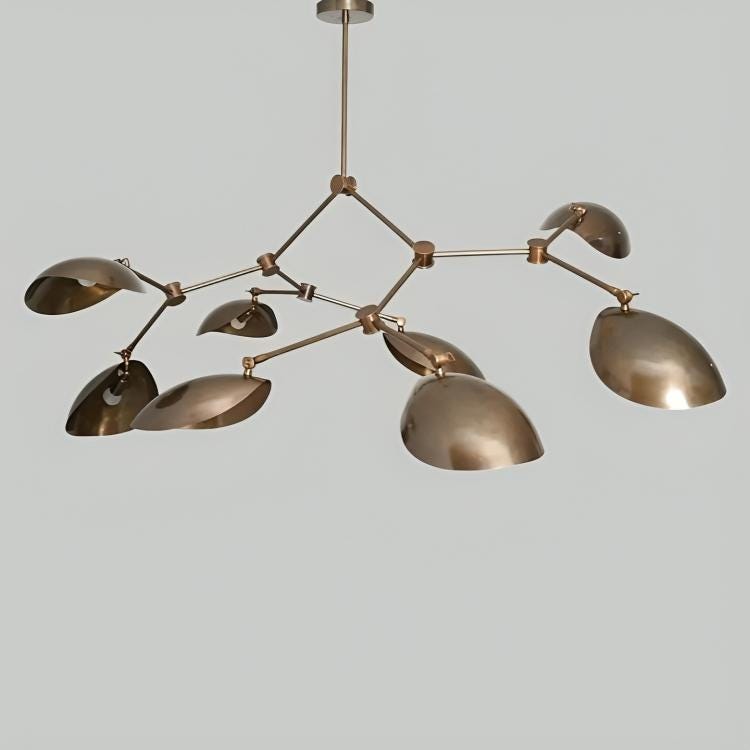 Mid Century Modern Stingray Brass Chandelier, Handcrafted 8 Arm Sputnik Light Fixture, Custom Curved Disk Multi Shade Large Ceiling Light