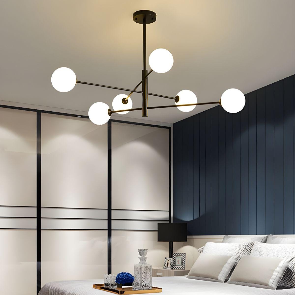 Minimalist Six Globe Ceiling Light Mid Century Modern Sputnik Brass Chandelier, Handcrafted Glass Globe Design Pendant Ceiling Light Fixture