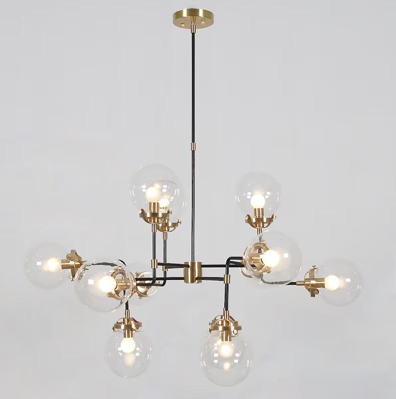 Mid Century Modern Bistro Glass Globe Large Chandelier, Handcrafted Brass Ceiling Light, 12 Glass Globe Custom Design Sputnik Light Fixture