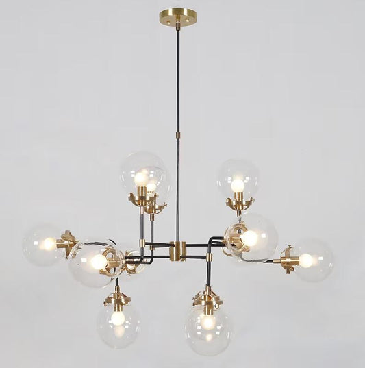 Mid Century Modern Bistro Glass Globe Large Chandelier, Handcrafted Brass Ceiling Light, 12 Glass Globe Custom Design Sputnik Light Fixture