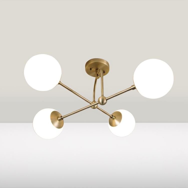 Semi-Flush Mount Arco Globe Chandelier, Mid Century Modern Low Ceiling Light Fixture, Glass Globes Dreamy Bubble Brass Chandelier 4 Lights
