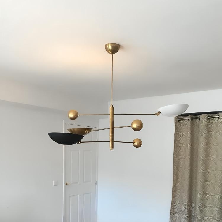 Stilnovo Style Adjustable Counterbalance Ceiling Lamp, Italian Counterweight 3 Shade Brass Chandelier,  1960s Inspired Mid Century Light