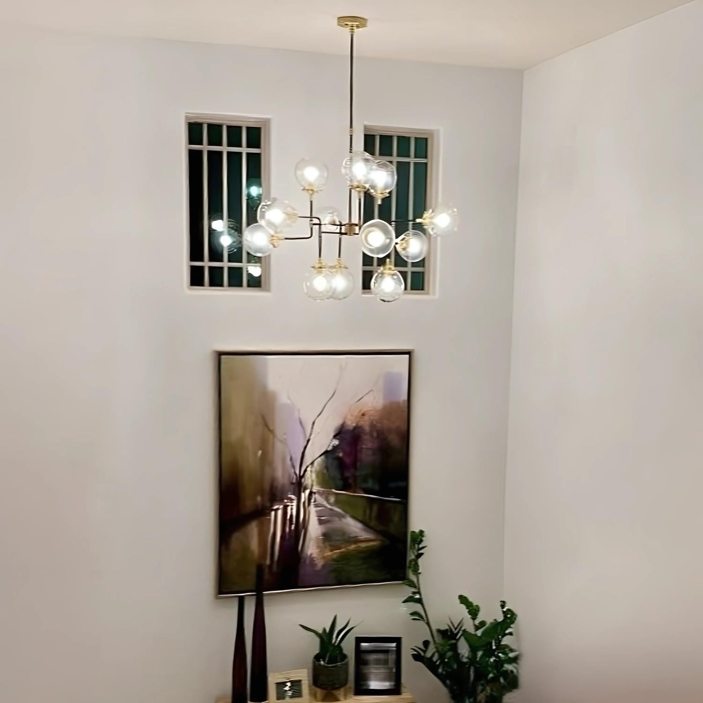 Mid Century Modern Bistro Glass Globe Large Chandelier, Handcrafted Brass Ceiling Light, 12 Glass Globe Custom Design Sputnik Light Fixture
