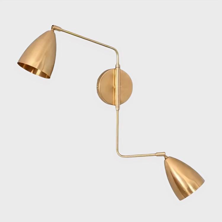 Dual Light Shades Bedside Wall Lamp, Twin Light Curved Arm Vintage Handcrafted Pendant Light Custom Brass Wall Sconce