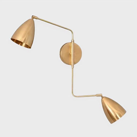 Dual Light Shades Bedside Wall Lamp, Twin Light Curved Arm Vintage Handcrafted Pendant Light Custom Brass Wall Sconce