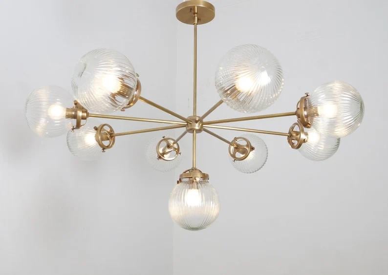Mid Century Modern 9 Ribbed Glass Globe Chandelier, Handcrafted Lamp Ceiling Light, Brass Lights Glass Globe Design Pendant Light Fixture