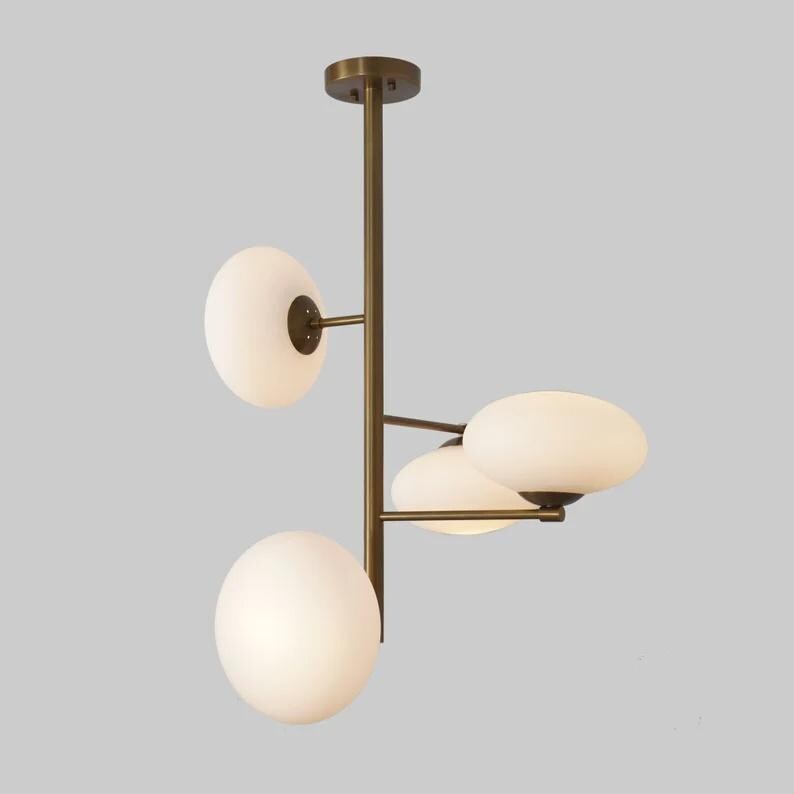 Four Globe Mid Century Modern Sputnik Brass Chandelier, Handcrafted Ceiling Light, Brass Frame Glass Globe Design Pendant Light Fixture
