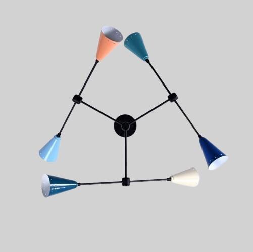Adjustable Colorful Multi-shade Brass Chandelier, 6 Lights Modern Geometric Funky Color Ceiling Light, Contemporary Statement Light Fixture