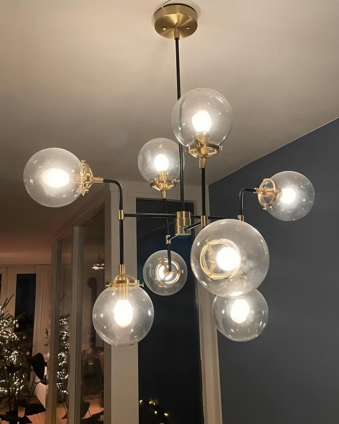 Modern Bistro Glass Globe Brass Chandelier, Handcrafted Bubble Ceiling Light, Mid Century Modern 8 Glass Globe Design Hanging Light Fixture