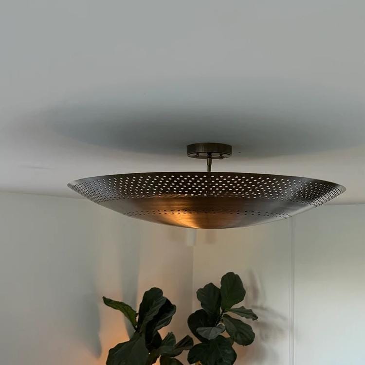 Dome Shade Perforated Tynell Style Inspired Ceiling Pendant Light, Mid Century Modern Rey Chandelier 6 Light Brass Light Fixture