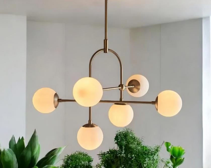 Elegant Arco Brass Globe Chandelier, Mid Century Modern Brass High Ceiling Light Fixture, Glass Globes Dreamy Bubble Chandelier 6 Lights