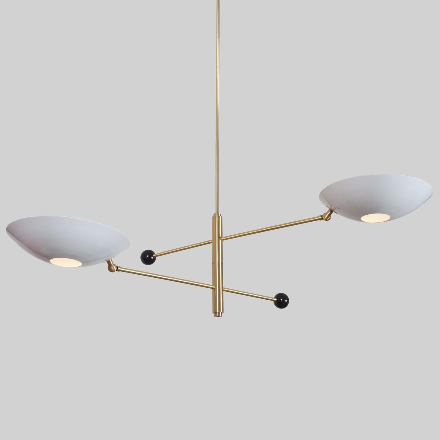 White Disk Shade Counterbalance Brass Chandelier, Mid Century Modern Stilnovo Style Counterweight Handcrafted Brass Ceiling Light Fixture