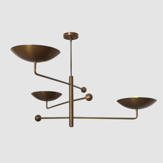 3 Lights Counterbalance Curved Disk Chandelier, Mid Century Modern Brass Sputnik Chandelier, Stilnovo Counterweight Pendant Light Fixture