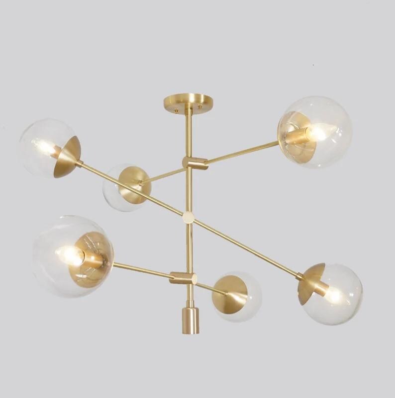 Modern Six Globe Handcrafted Sputnik Brass Chandelier Ceiling Light Fixture, Industrial Style Glass Globe Design Pendant Ceiling Light Lamp
