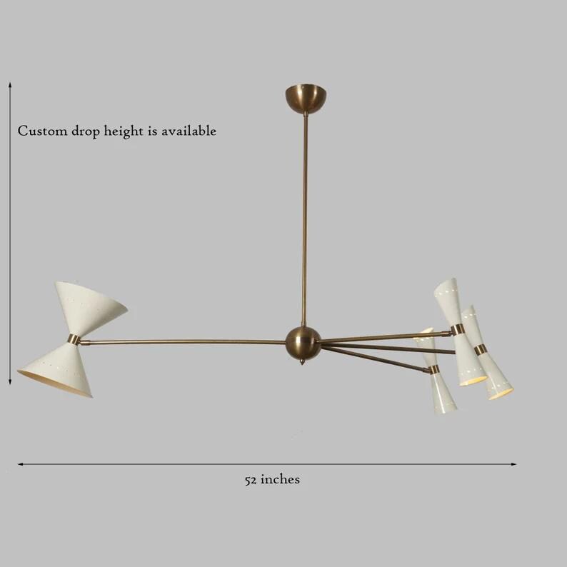 4 Arm 8 Light Stilnovo Style Mid Century Modern Sputnik Chandelier Light Fixture, Raw Brass Chandelier Handcrafted Pendant Ceiling Light