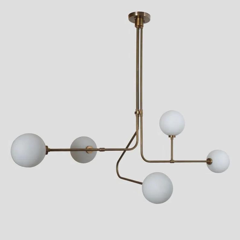 Twisted Semi Flush Mount Globe Chandelier, Mid Century Modern Italian Contemporary Design Five Globe Chandelier Brass Ceiling Light Fixture