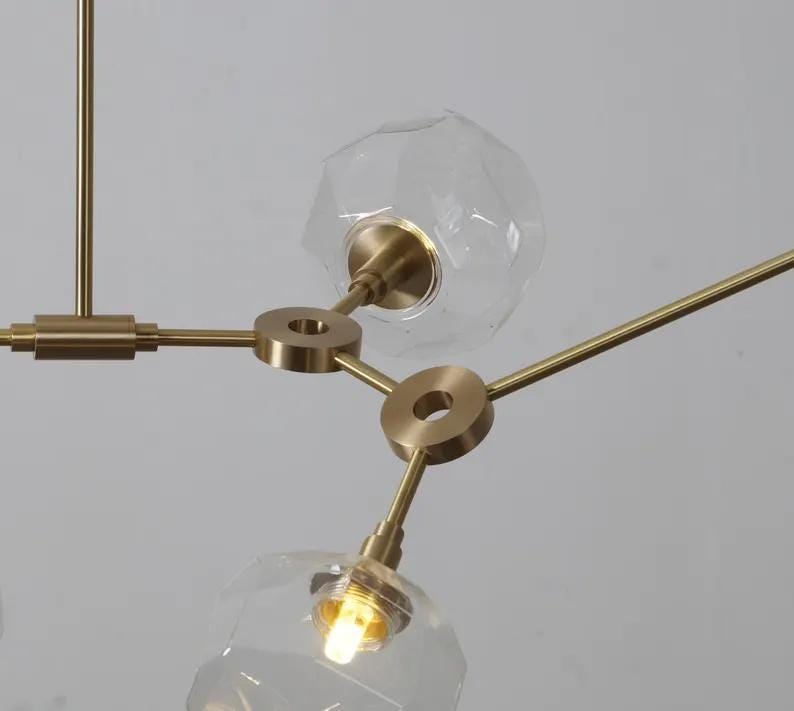 Mid Century Six Arm Clear Globe Light Brass Ceiling Sputnik Chandelier Pendant Light Fixture, Handcrafted Vintage Style Ceiling Lighting