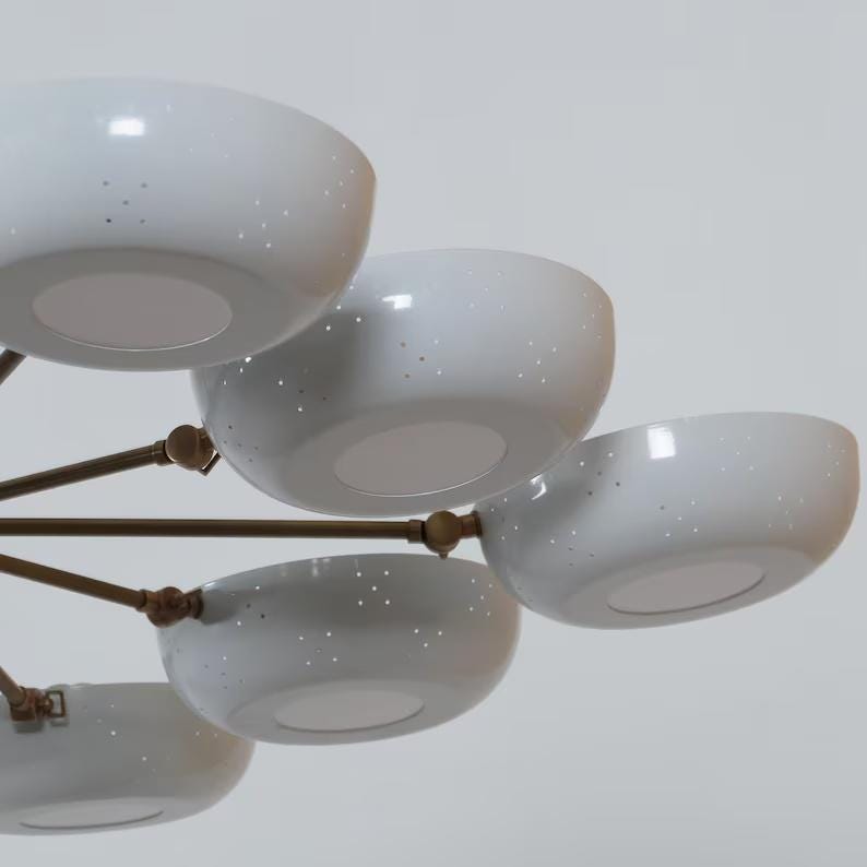 Flowerpetal Chandelier Perforated Bowl Shade Stilnovo Style, Mid Century Modern Pastel Flower Shape Brass Sputnik Ceiling Light Fixture