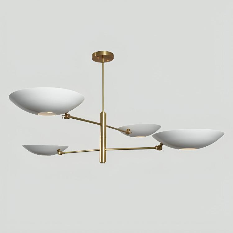 White Disk Counterbalance Shade Brass Chandelier, Mid Century Modern Stilnovo Style Counterweight Handcrafted Brass Ceiling Light Fixture