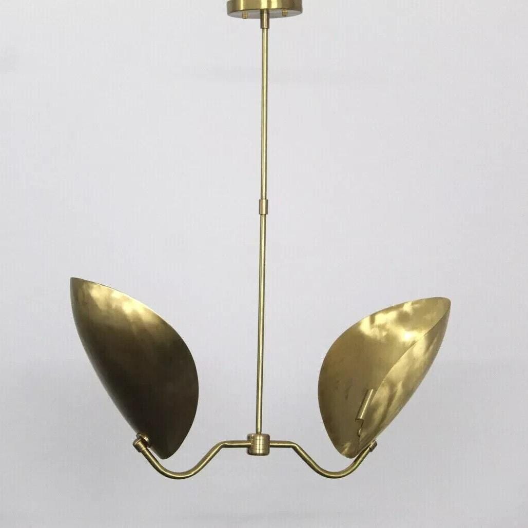 Mid Century Modern Brass Petal Chandelier, Sculptural Italian Inspired Handcrafted Dual Curved Shape 2 Light Ceiling Pendant Light Fixture