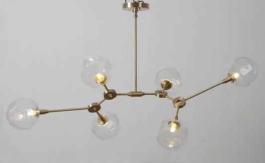 Mid Century Six Arm Clear Globe Light Brass Ceiling Sputnik Chandelier Pendant Light Fixture, Handcrafted Vintage Style Ceiling Lighting