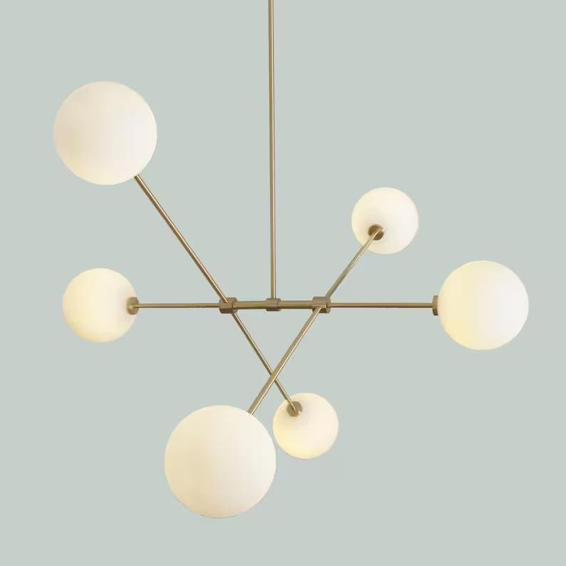 Six Globes Mid Century Style Sputnik Chandelier, Handcrafted Pendant Ceiling Light, Brass Frame Glass Globe Design Light Fixture