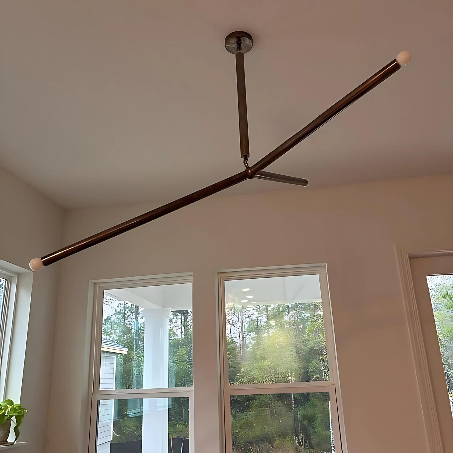 Arrow Shape Slingshot Chandelier, Minimalist Asymmetrical Brass Ceiling Light Fixture, Contemporary Design Hanging Three Arm Statement Lamp