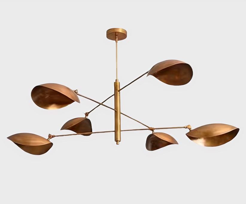 Mid Century Modern Curved Disk Chandelier, 6 Light Leaf Shade Sputnik Brass Chandelier, Handmade Italian Style Vintage Ceiling Light Fixture