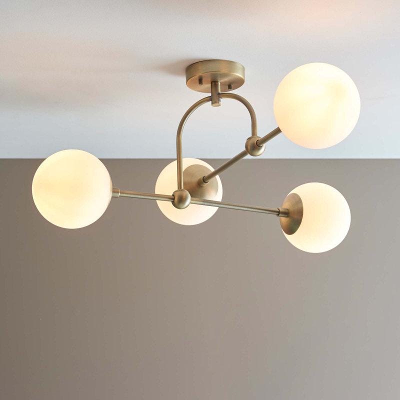 Semi-Flush Mount Arco Globe Chandelier, Mid Century Modern Low Ceiling Light Fixture, Glass Globes Dreamy Bubble Brass Chandelier 4 Lights