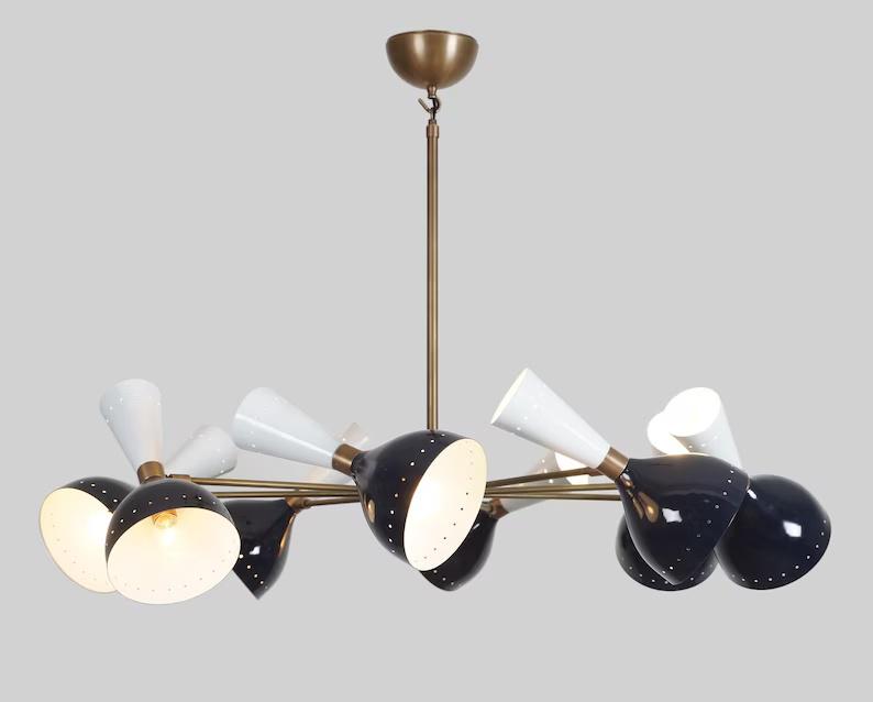 Stilnovo Style Double Shade 8 Arm 16 Light Mid Century Modern Sputnik Chandelier, Handcrafted Raw Brass Chandelier Ceiling Light Fixture