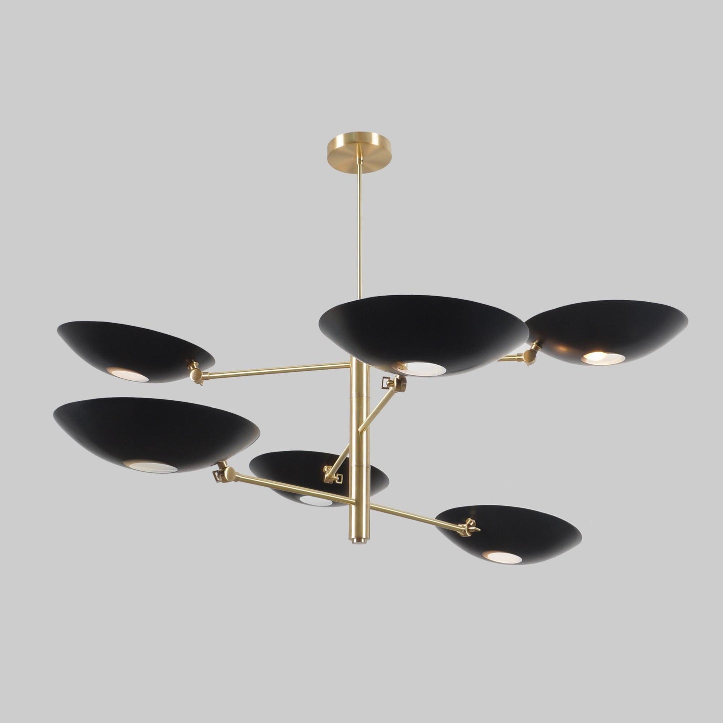 Counterbalance Six Disk Shade Brass Chandelier, Mid Century Modern Stilnovo Style Counterweight Handcrafted Brass Ceiling Light Fixture