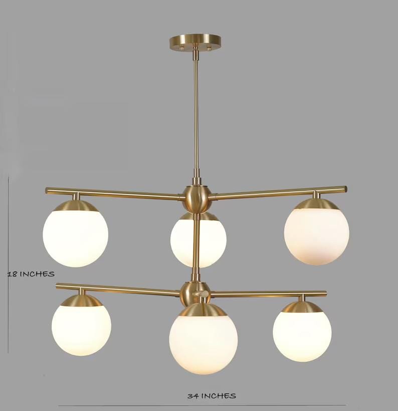 6 Globe Mid Century Modern Sputnik Chandelier, Handcrafted Bubble Glass Ceiling Light, Brass Chandelier Glass Globe Pendant Light Fixture