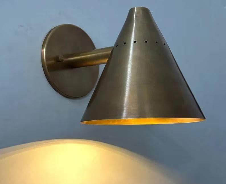 Conical Shape Solid Brass Wall Sconce, Mid Century Modern Handcrafted Raw Brass Industrial Style Wall Light Lamp